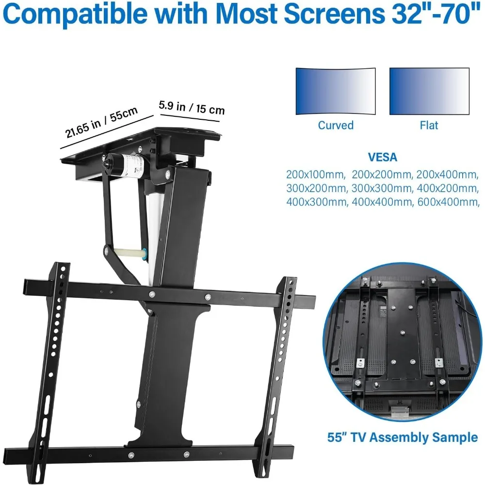 حامل تلفزيون سقف كهربائي قابل للتعديل مع جهاز تحكم عن بعد، حامل فليب بمحرك لأجهزة التلفاز المسطحة والمنحنية مقاس 32 إلى 70 بوصة (أسود)