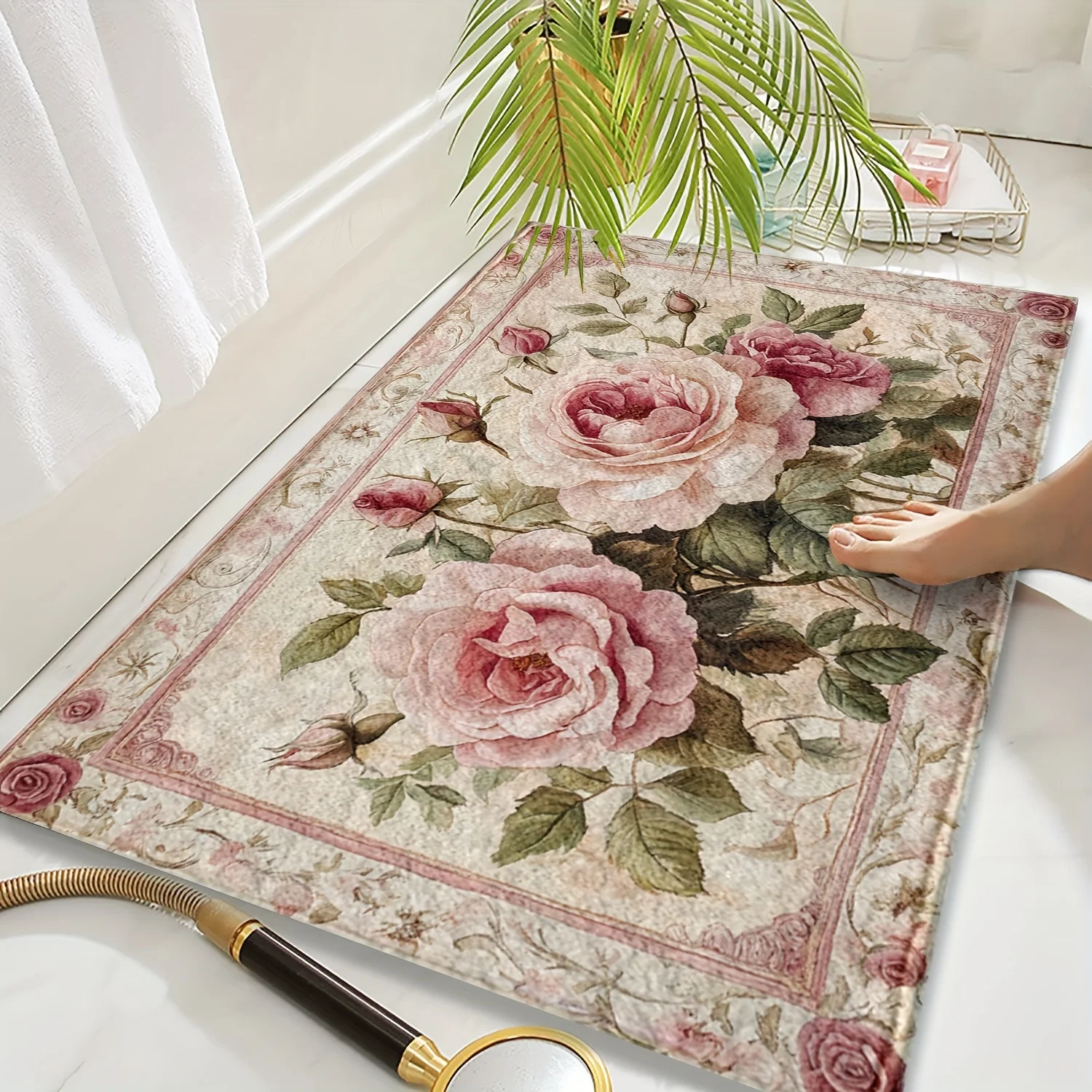 2D Flat Floral Flannel Bath Mat, Square Shaggy Absorbent Rug with Non-Slip PVC Bottom for Bathroom, Toilet and Doorway