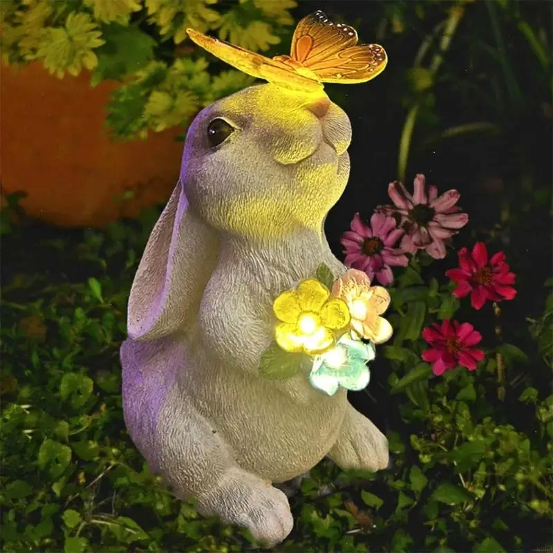 Automatic Illuminations Solar Light Rabbit/Cats Artwork Lighting Resin Texture for Backyard Anniversary Gift 87HA