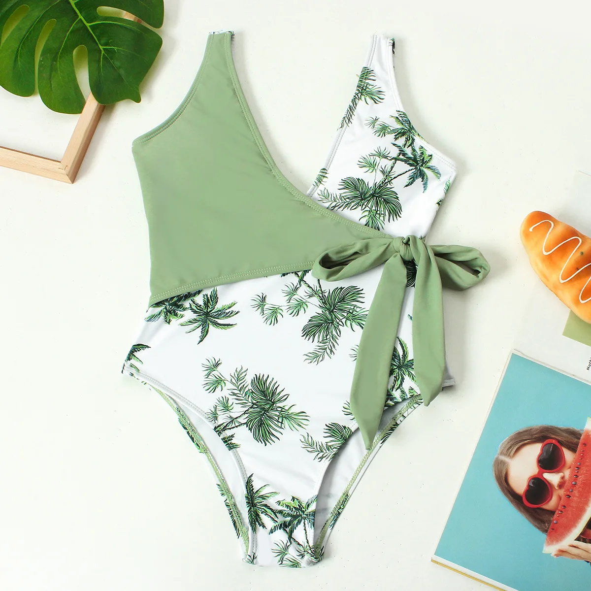 Palm Tree Print Girls Teens One Piece Swimsuit 7-12 Years Summer Kids Swimwear Children Beachwear Tie Swimming Suit Monokini