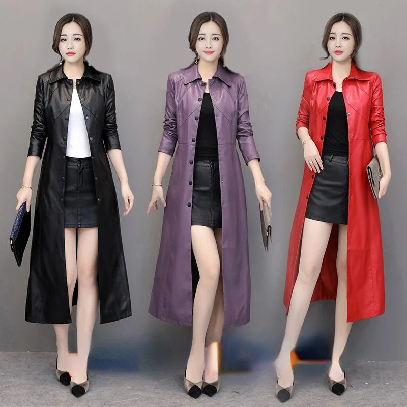 Spring autumn long black leather coat women long sleeve buttons slim fit Elegant leather jacket women 2023