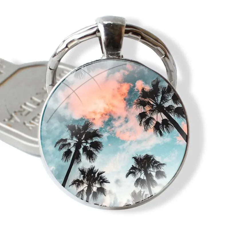 Porte-clés de voiture cabochon en verre transparent, housses souples, cadeaux de voyage, plage, Californie, mer, palmier