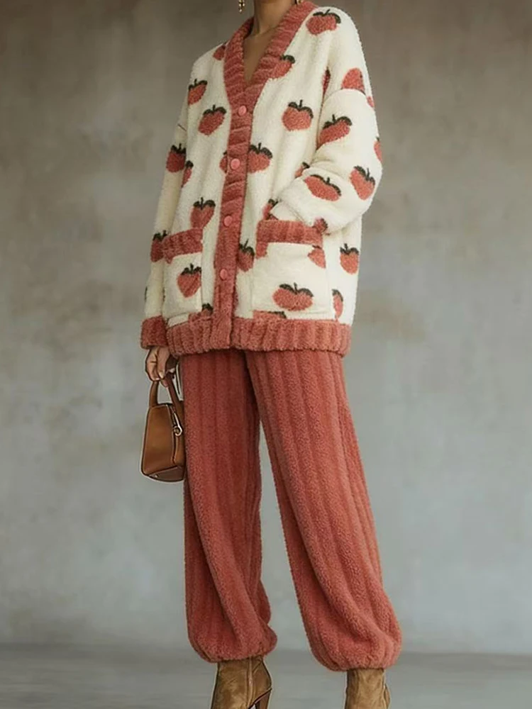 

Повседневные теплые комплекты домашней одежды из кораллового флиса, элегантная женская ночная рубашка с фруктовым принтом, модная простая осенне-зимняя одежда из двух предметов