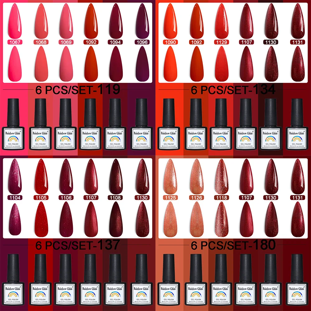 Rainbow Ghini 8ml 6Pcs/Set HEMA TPO Free Nail Polish Color Gel Nail Polish Set Bright Red-Purple Scheme Solid Color Nail Gel
