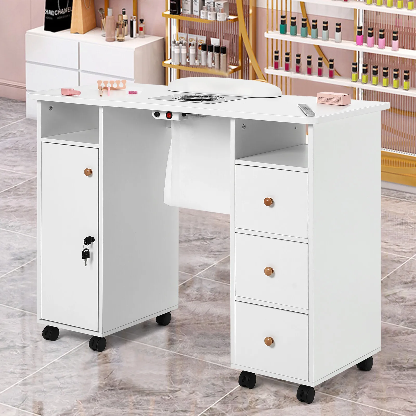 

White Manicure Table Nail Desk Beauty with Dust Collector Drawer+Wheel+Wrist Pad