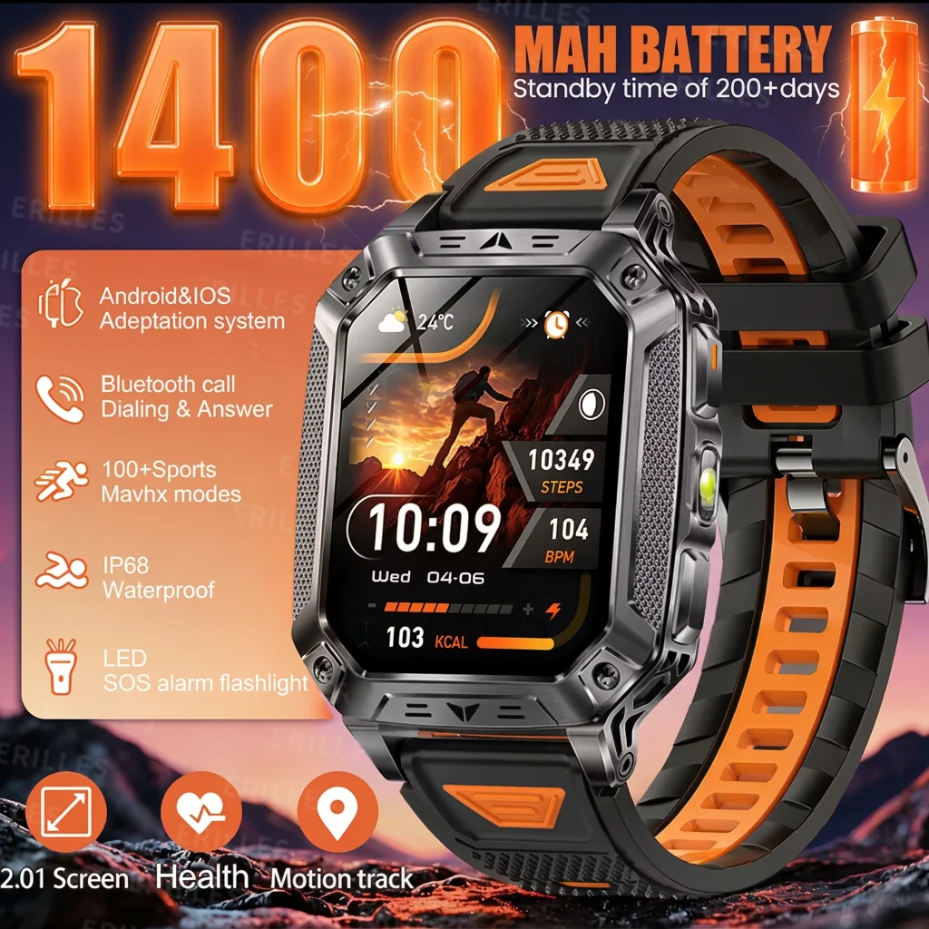 1400mAh Military Grade Smart Watch 200 Days Battery Life 10ATM Waterproof Bluetooth Call SOS Alert LED Flashlight Sports Watch