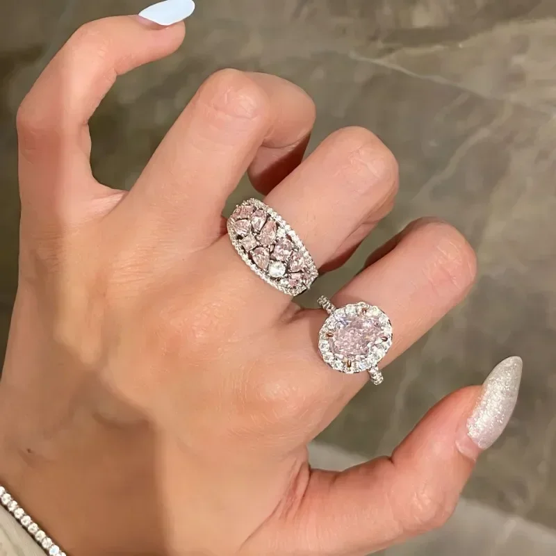 Original Series Sweet Style Pink Crystal rings for women Sparkling Light Luxury silver 925 Wedding Ring Stacked Jewelry