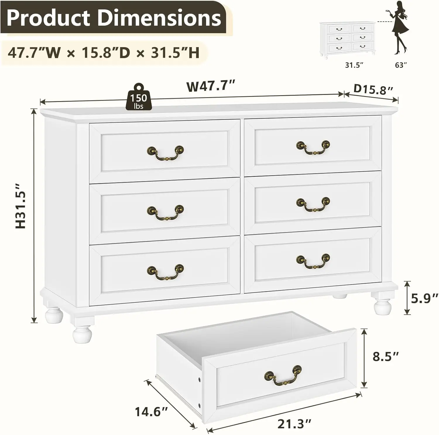 White 6 Drawer Dresser for Bedroom, Vinatge Wood Chest of Drawers with Wide Storage Cabinet (White)