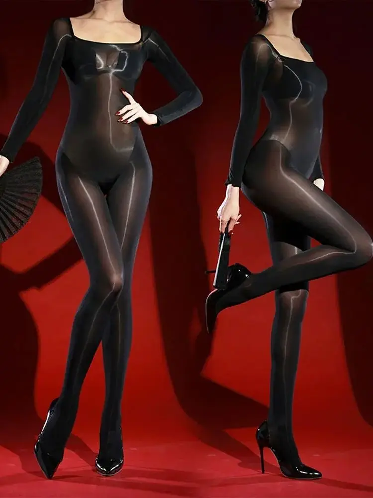 Unisex-Catsuit aus glänzendem, glänzendem Nylon mit U-Boot-Ausschnitt, Bodystocking mit offenem Schritt, Strumpfhose, sexy Trikot, verbundener Jumpsuit-Body