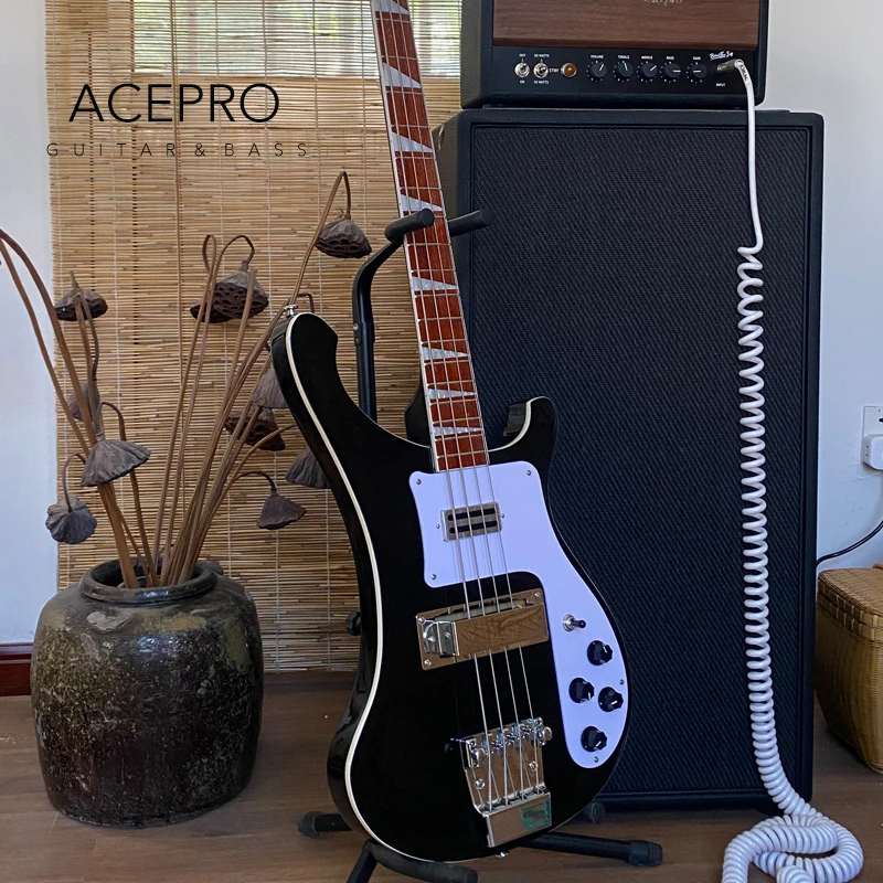 Neck Thru Body Electric Bass Guitar Black Color Adjustable Bridge 4 String bajo eléctrico, 20 Frets Rosewood Fretboard