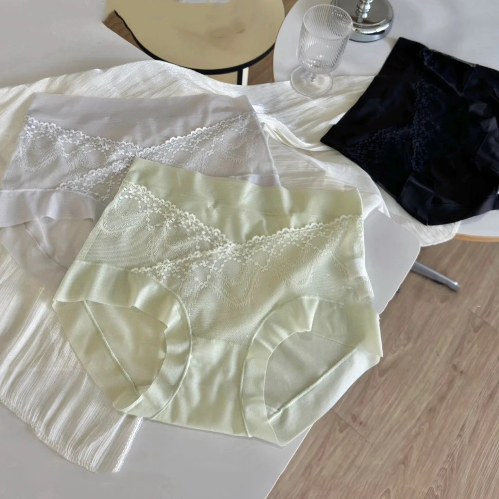 

Fashion Mid Waist Lace Mesh Panties Thin Seamless Ice Silk Briefs Lingerie See Through Underwear for Women Summer