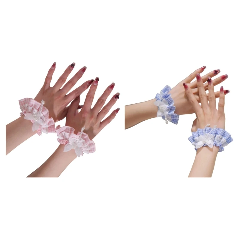 49MD Anime Lace Ruffle Cuffs for Women Girl Decorative Arm Sleeves With Plaids Pattern Bowknot Decors For Outfit Enhancement