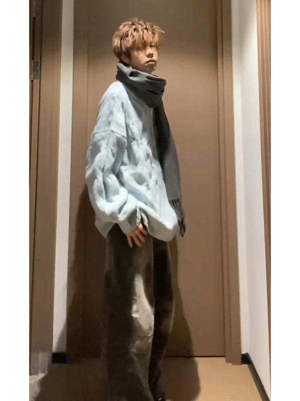 

American Sle Men's f High Collar Sweater Autumn Heavy Lazy Twist Knitted Trendy High Street Couple Open Cardigan Coat