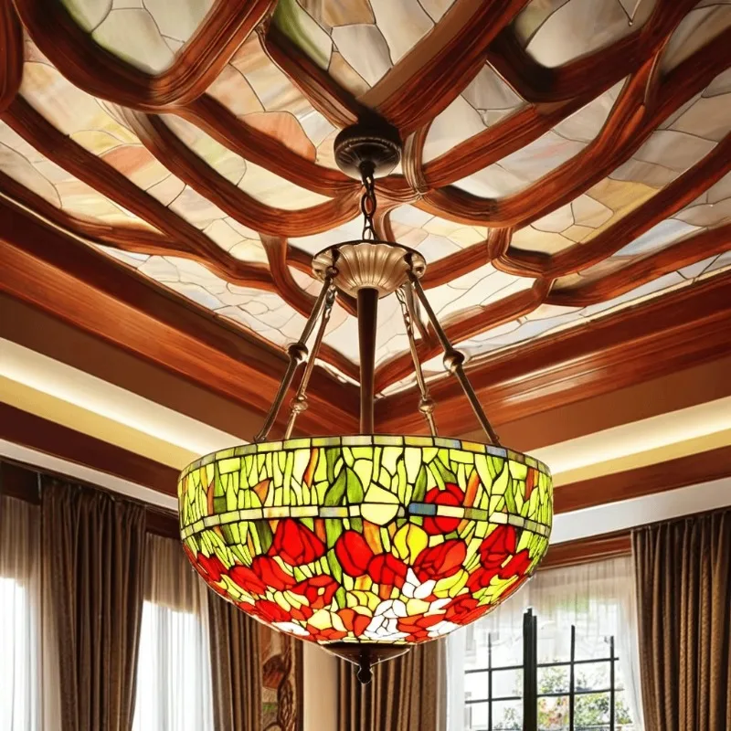

European pastoral chandelier handmade stained glass lampshade home hotel bed and breakfast bedroom