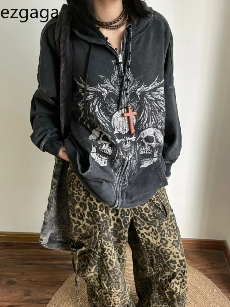 

Ezgaga Hoodies Women Y2k Aesthetic Autumn Winter Skulls Printed Vintage Zipper Loose Harajuku Gothic Grunge Sweatshirts Jackets