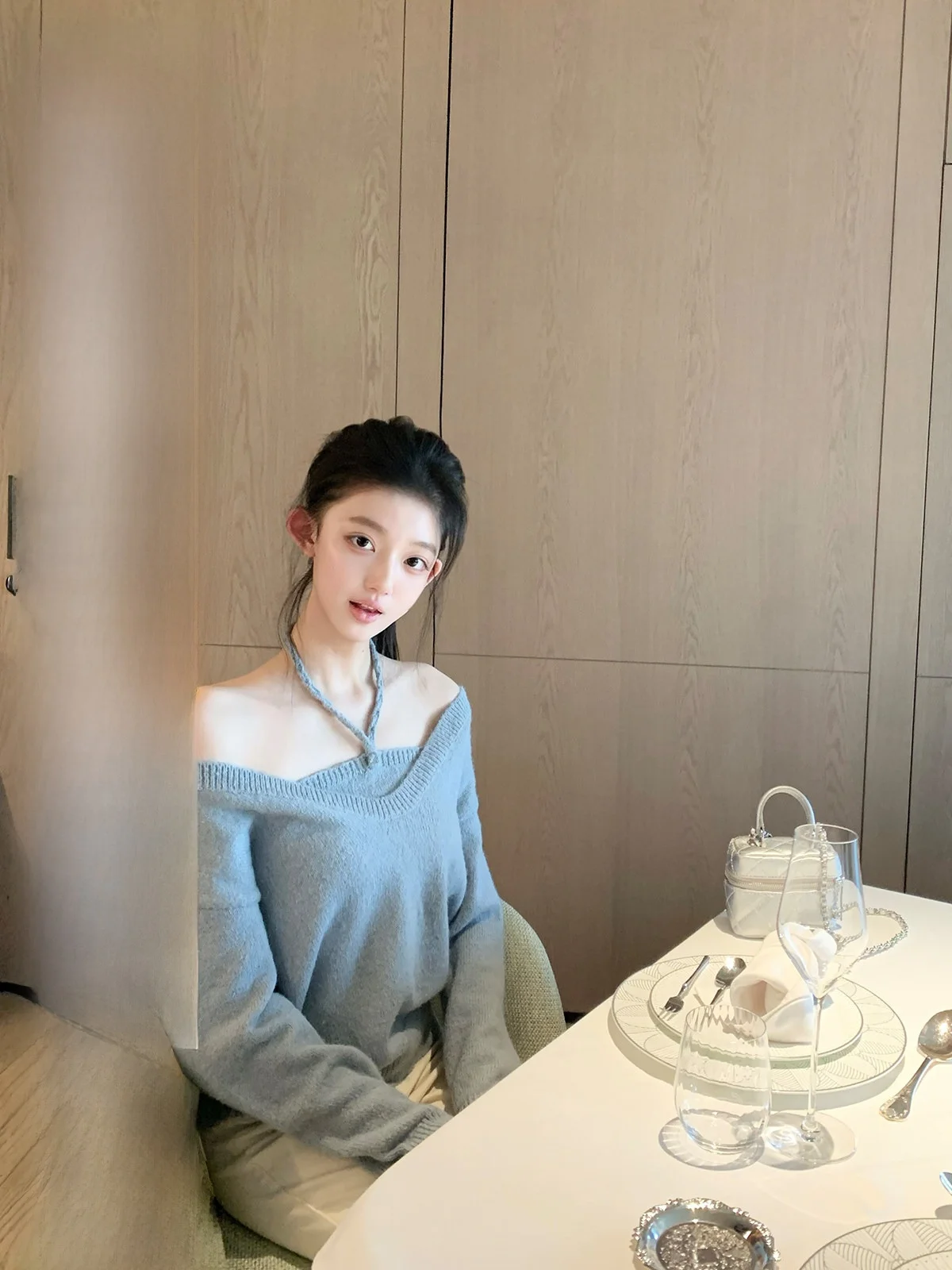 

e Blue Knitted Two-Piece Set Women's Design Sensation Hot Dog Really Spicy Faionable Long Sve Regular Length Top