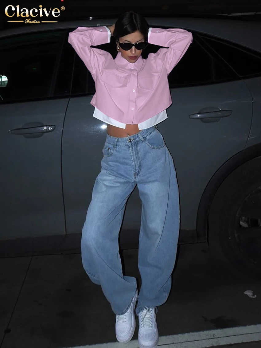 Clacive Fashion Loose Pink Women's Shirt 2025 Casual Lapel Long Sleeve Shirts Elegant Classic Patchwrok Top Female Clothing