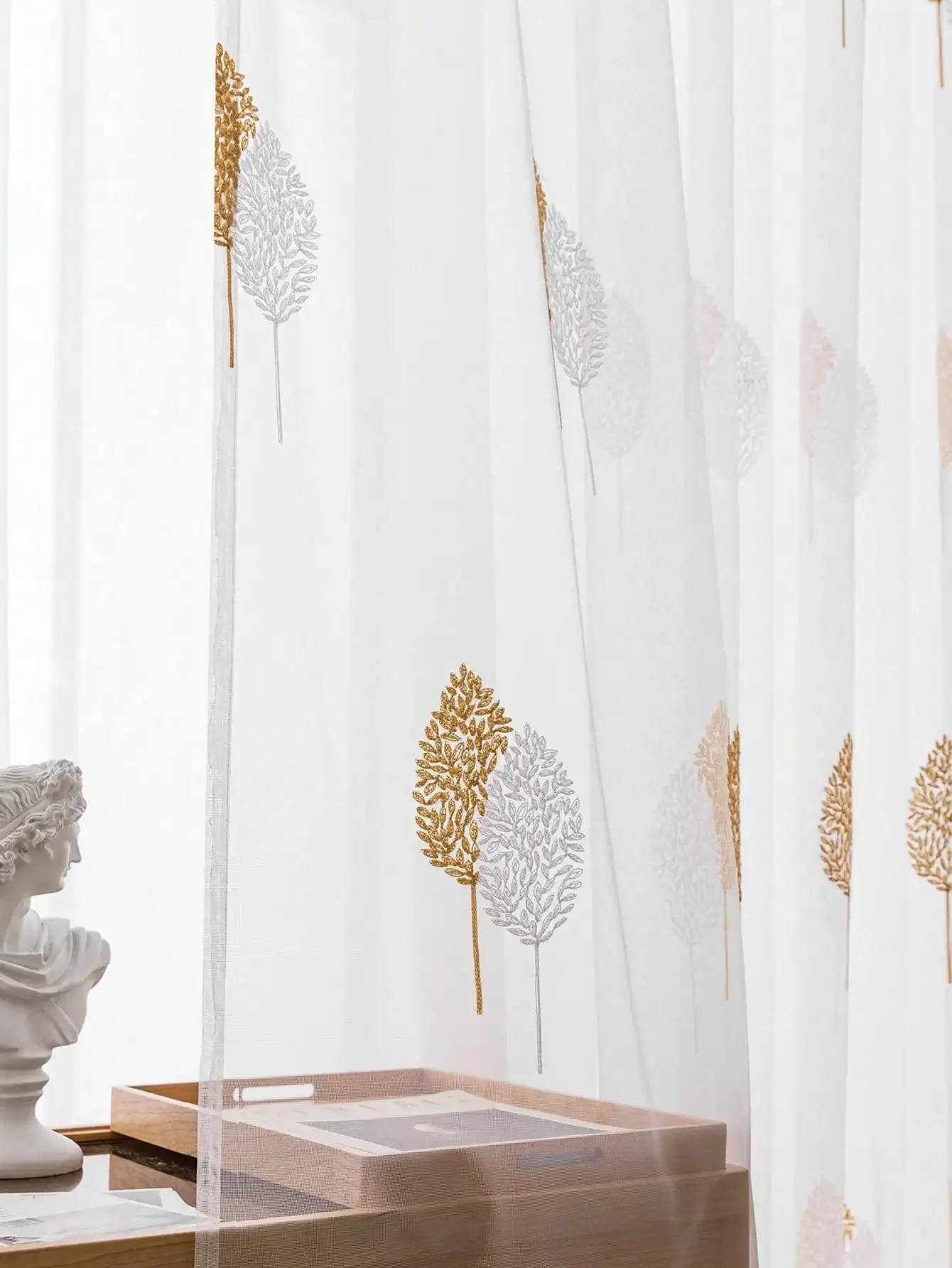 1PC Nordic Style Simple Modern Small Tree Embroidery Small Fresh Embroidery Floor-to-ceiling Window Screen Curtain