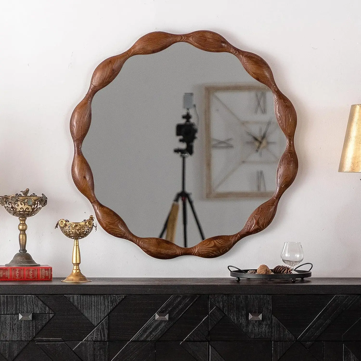 Brown Wood Wavy Bohemian Farmhouse Retro Living Room Wall Mirror With Wooden Frame For Home Decoration