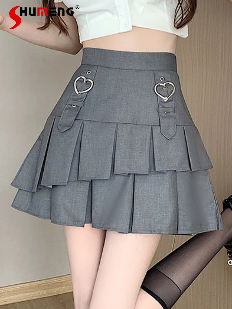 

Sweet Preppy Style Sweet Cool Hot Girl Double Heart Buckle Irregular High Waist A-Line Gray JK Pleated Short Skirt Women Summer