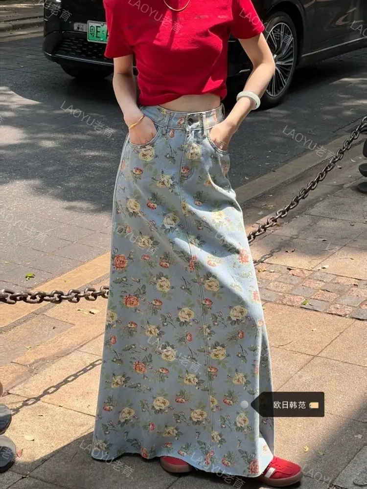 

ZHISILAO Floral Print Long A-line Denim Skirts Women Vintage Elegant Loose Casual Jeans Skirts Summer 2025