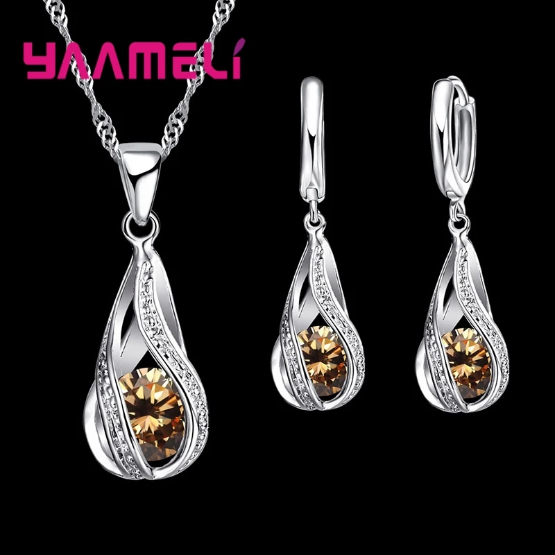Heißer Wassertropfen CZ 925 Sterling Silber vergoldet Schmuckset für Frauen Anhänger Halskette Creolen Hochzeit Party Ceremoey Anel