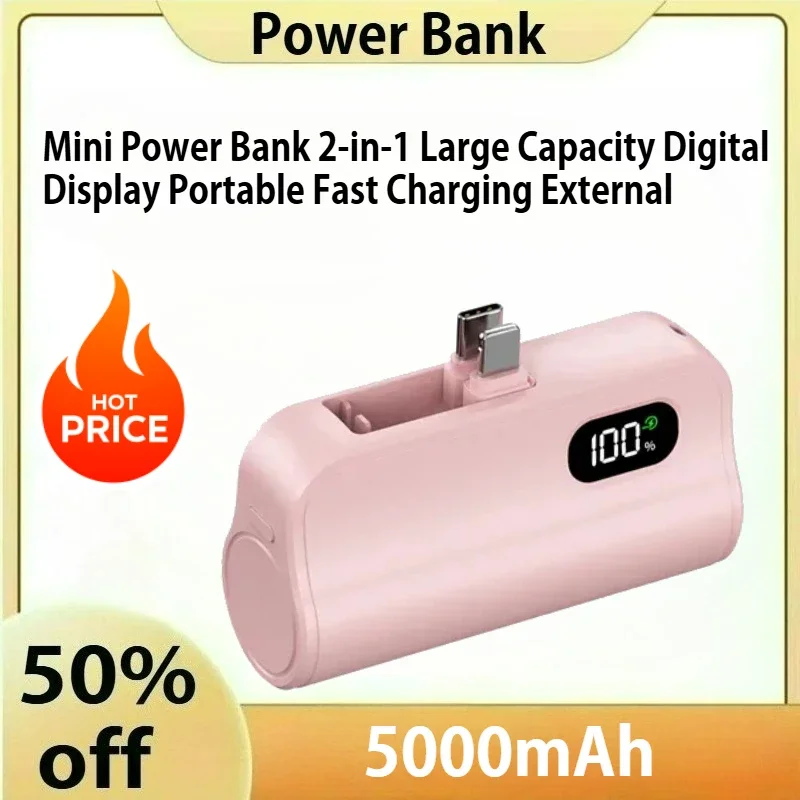 

Mini Power Bank 5000mAh 2-in-1 Large Capacity Digital Display Portable Fast Charging External Battery For Iphone Samsung Xiaomi