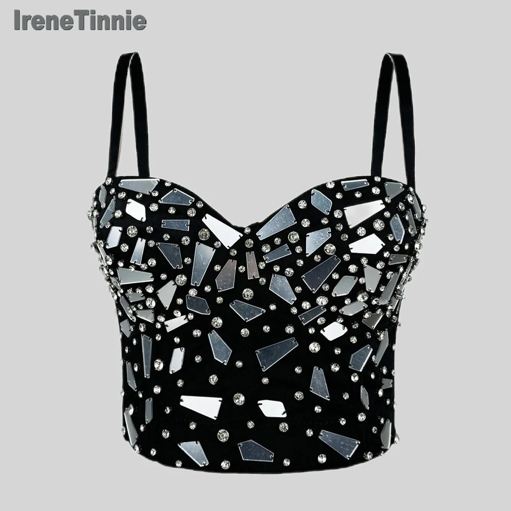 IRENE TINNIE Fashion Backless Corset Lady Punk Sequin Beading Crop Top Sexy Women Camisole Bustier Nightclub Party Tank Tops