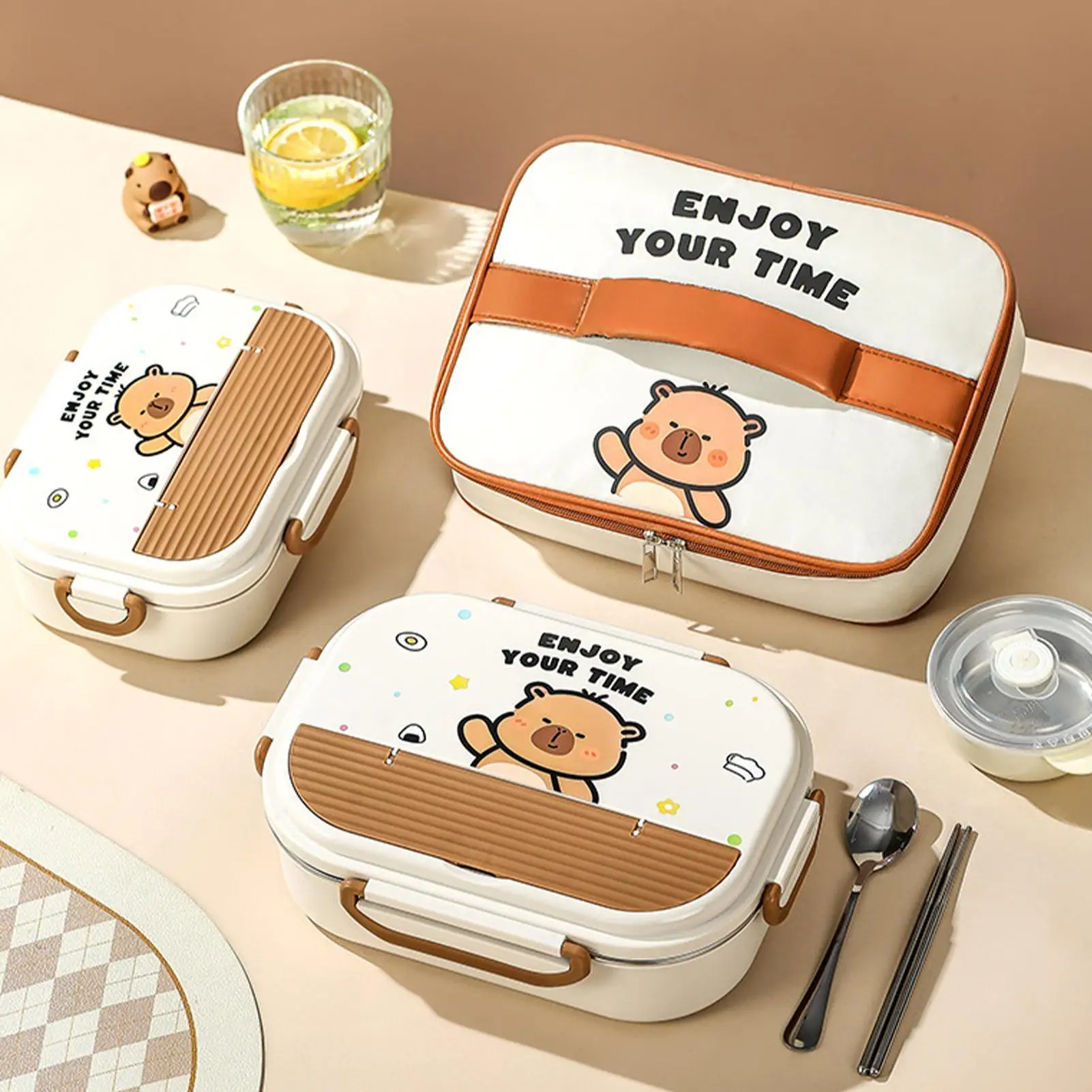 

Kids Lunch Box Stainless Steel Containers with Lids and Cutlery Portable Microwave-Safe Food Storage Box with Carry Bag