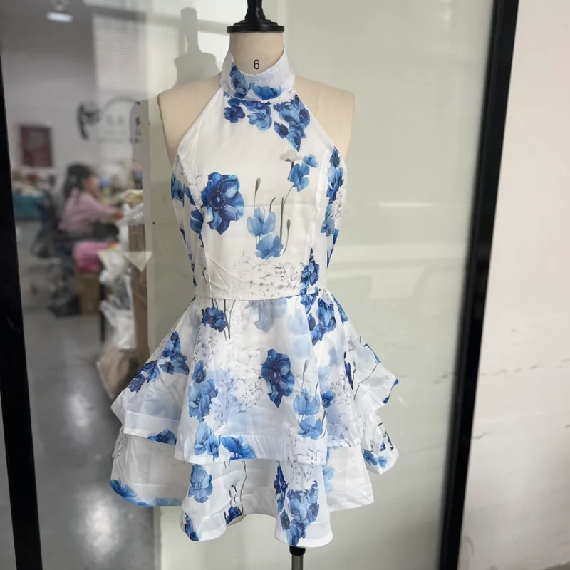 

Women Floral Printed Mini Dress Backless Sleeveless Hem Stacking Dresses Sweet A Line Vestidos 2025 New Lady Party Club Clothing