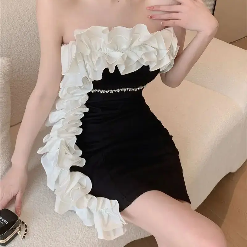 French Diamond-Encrusted Backless Tube Top Pleated Wood Ear Dress Strapless Mini Length Wedding Dress With Flowers Sexy Dresses