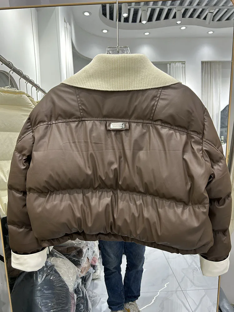 Chaqueta acolchada cálida con diseño de Pu para mujer, abrigo de plumón de pato blanco para mujer, Parka informal ajustada de punto con cuello en V, novedad de invierno de 2024