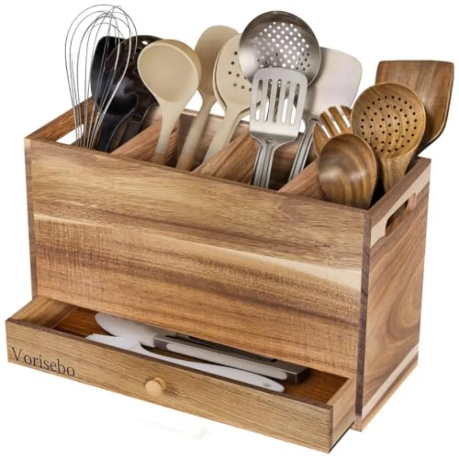 

Acacia Wood Kitchen Utensil Holder for Countertop, Large Wooden Utensils Holder with 4 Compartment, Farmhouse Utensil Caddy wit