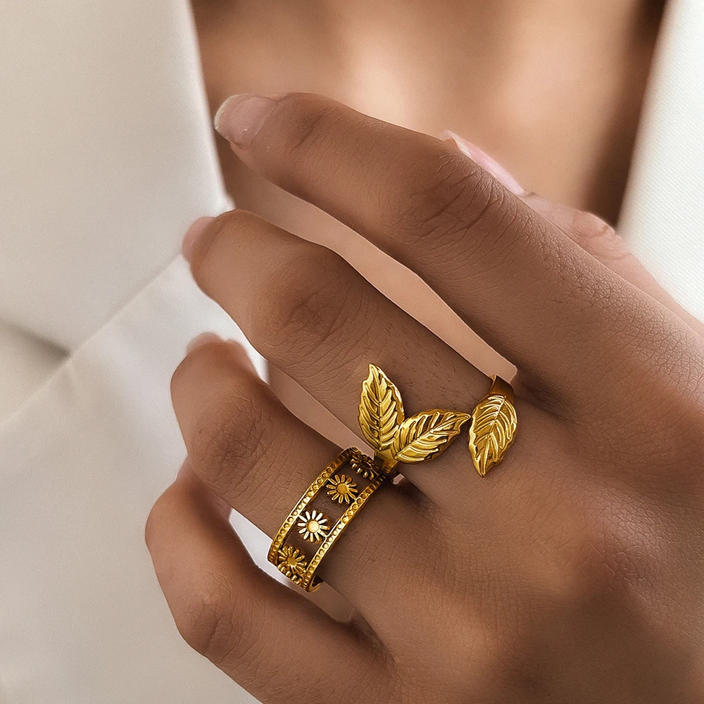 

Stainless Steel Rings Combination Ring Flower Leaf Shape Elegance Open Rings For Women Jewerlry High-end Sense Banquet Gifts New