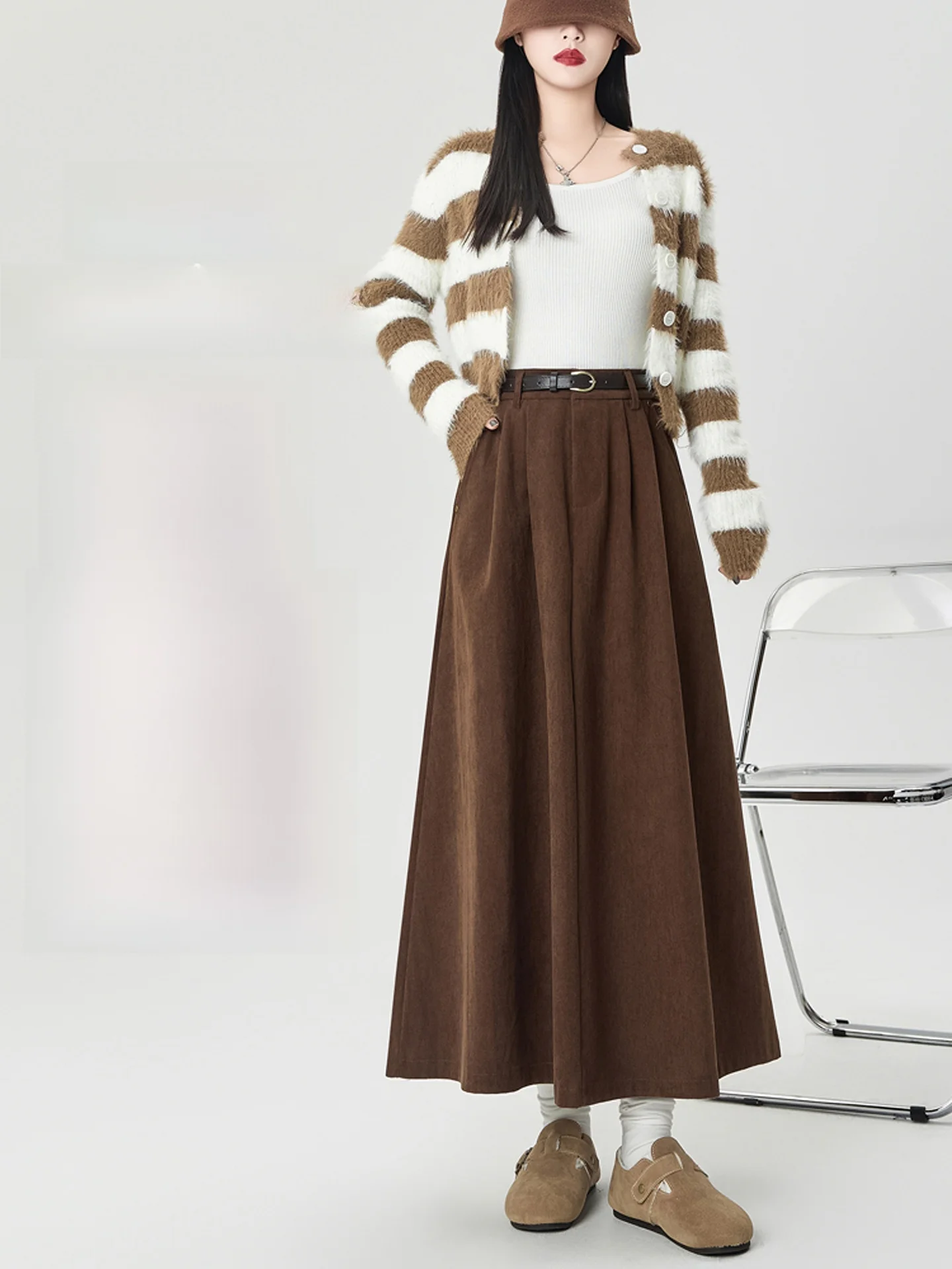 Caramel Corduroy Busin Skirt High Waist A-Line Midi Skirt Women's Autumn Winter New Sle Commute Casual Polyester Fiber