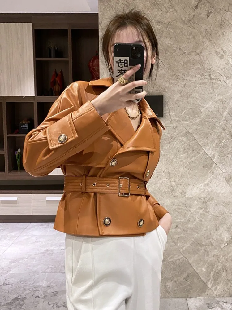 Spring Autumn New Double Breasted Sashes Women Genuine Leather Jacket Slim High Waist Office Ladies Real Sheepskin Short Coat