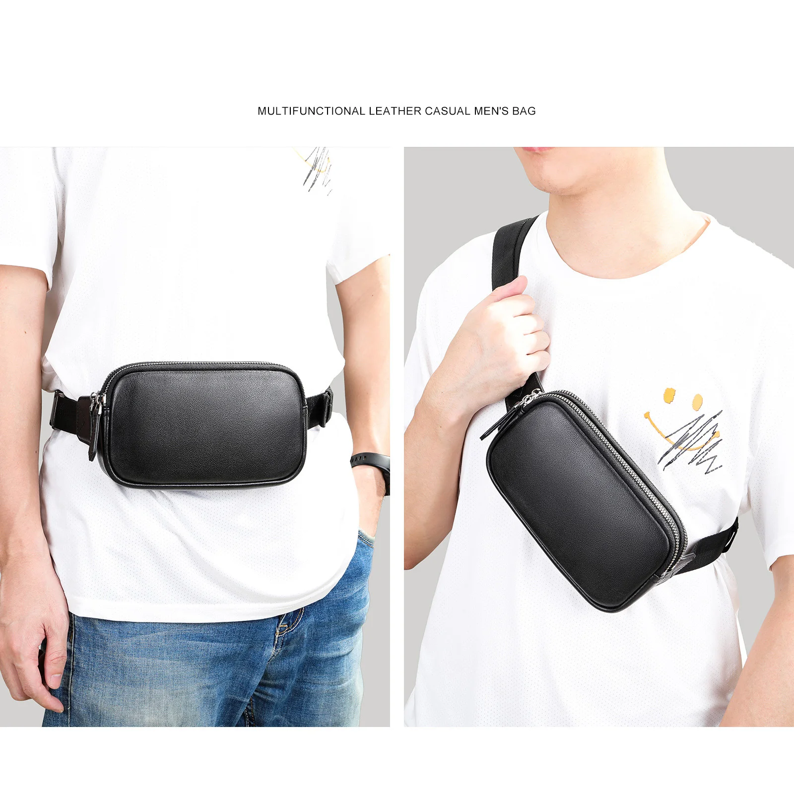 Leather Men Chest Bag Phone Pouch Genuine Leather Fanny Pack Men Male Small Waist Pack Waist Bag Men Belt Pouch Shoulder Bag