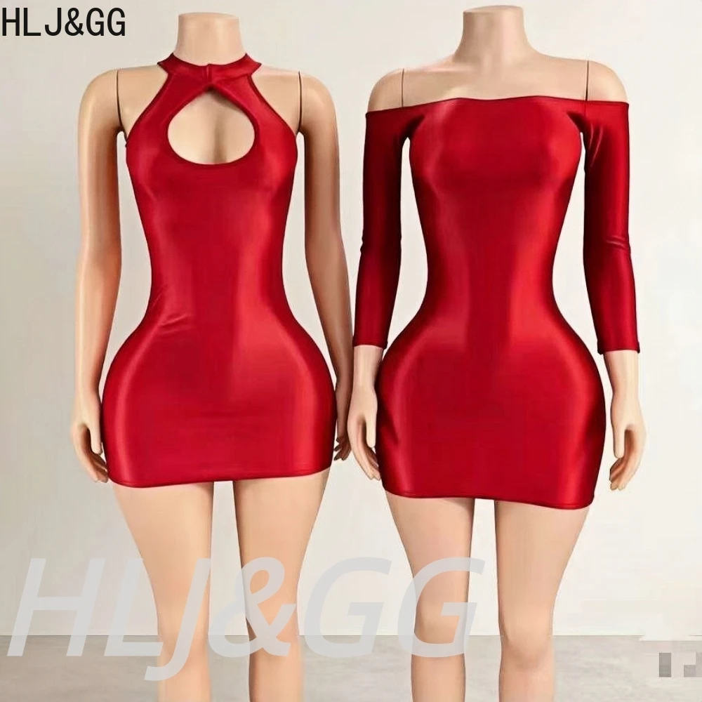 

HLJ&GG Sexy Smooth Bodycon Off Shoulder Long Sleeve Mini Dresses Women Long Sleeve Slim Vestidos Fashion Party Clubwear Dress