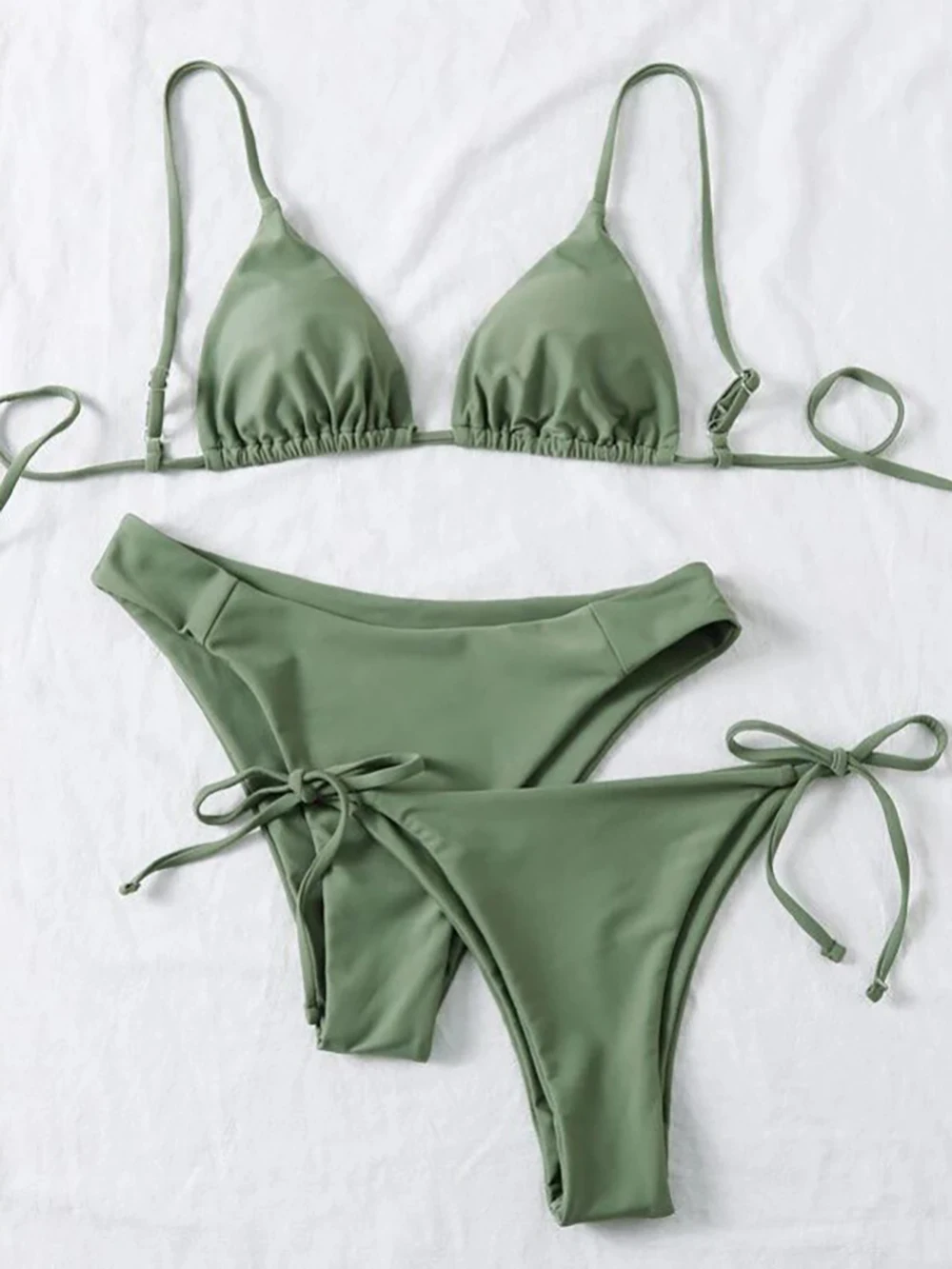 Sexy Solid 3 piece Bikini Set Women's Halter Lace Up Low Waist Swimsuit Triangle Thong Tie On Side Swimwear Brazilian Biquinis