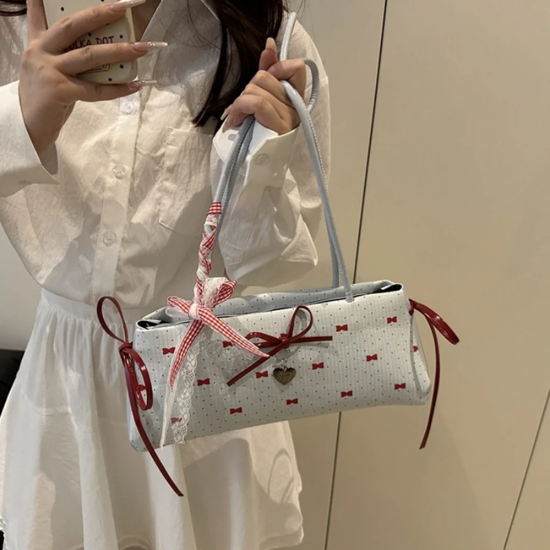 Sweet Bow Print Underarm Shoulder Bag for Women ,Vintage Lace Ribbon Small Handbag  Commuter Purse for Dating Party Daily Casual
