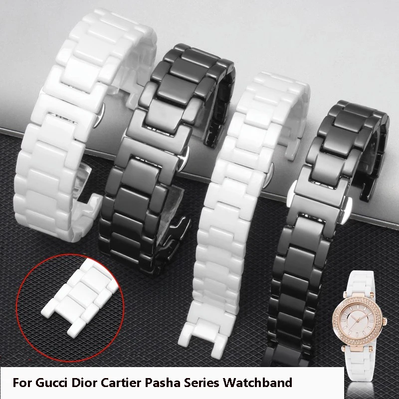Notched Ceramic Watch Strap For Gucci Dior Cartier Pasha Series Black and White Female Ceramic Watchband Bracelet Accessory 20