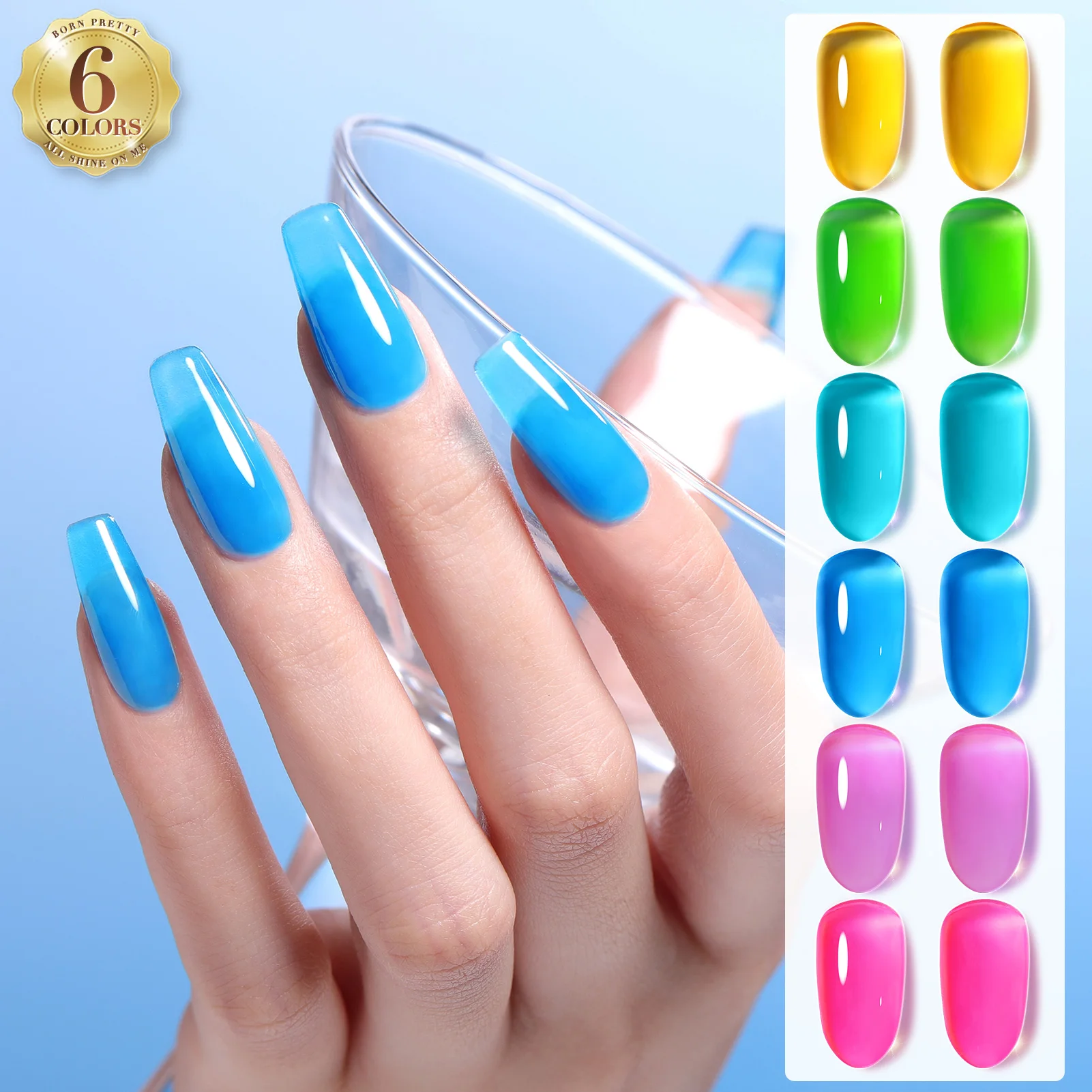 BORN PRETTY Jelly Gel Nail Polish 6PCS Ice Jelly Neon Gel Polish Crystal Transparent Colorful Gel Polish Set Nail Art Varnish