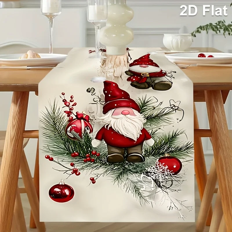 

Winter Snow Gnome & Mistletoe Table Runner with Mini Gnomes - Beige Christmas Rectangular Table Decoration New Year's Decor