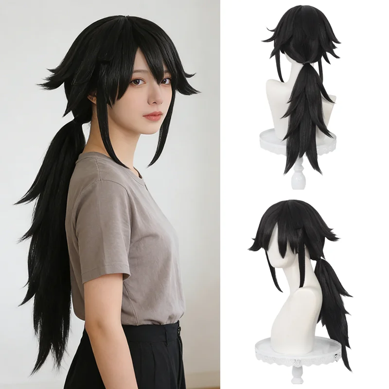 

Tomioka Giyuu Cosplay Wig Unisex Black Layered Mullet Low Ponytail Heat Resistant Synthetic Hair for Halloween Party Daily Use