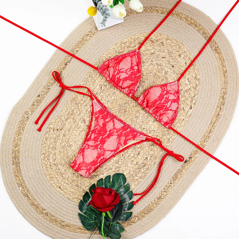 

Women's Sexy Micro Bikini Set Swimwear Lace Brazilian Thong Biquini Solid Color Beachwear Female Swim Suits Three-point biquini