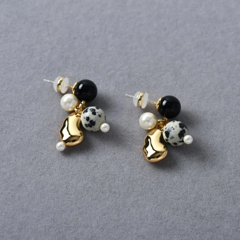 

Простые уникальные серьги-иглы из крапчатого камня с жемчугом и черным агатом S925, серебряные серьги-иглы, женские повседневные изысканные модные аксессуары