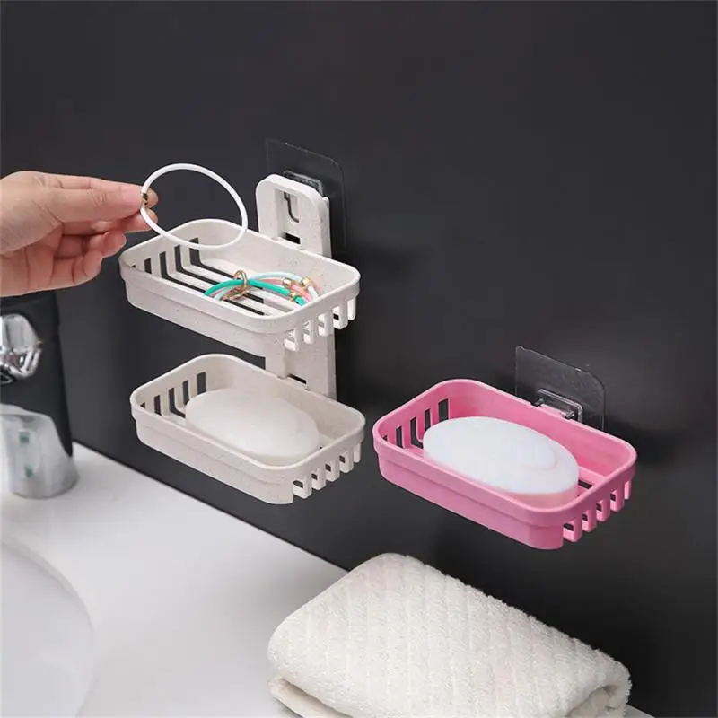 Wall Mounted Double Layer Soap Dish Punch-Free Drawer Draining Holder Kitchen Sponge Storage Box Bathroom Organizer Rack Shelves