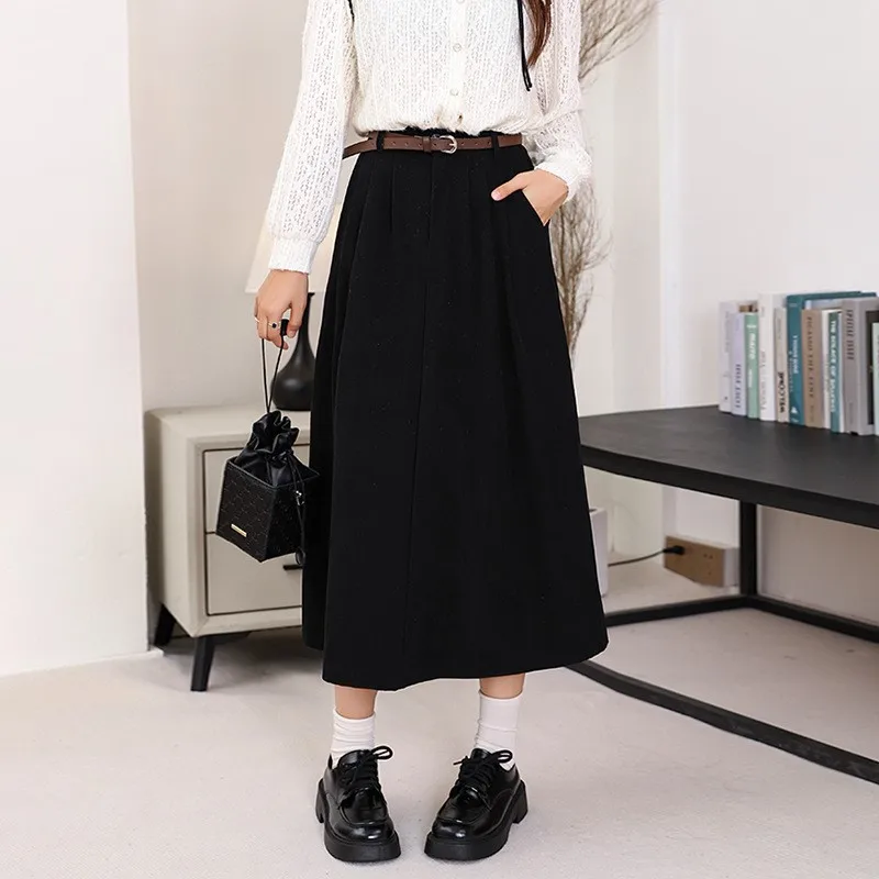 Maillard Vintage Corduroy Women's Fall Winter Khaki Casual With Belt Mid-length Pleated A-line Skirt