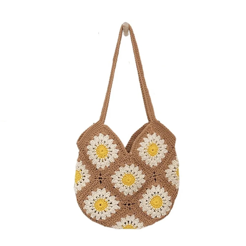 

Trendy Floral Crochet Knit Bag Handmade Leisure Boho Shoulder Bag Casual Large Capacity Women's Tote Bag Summer