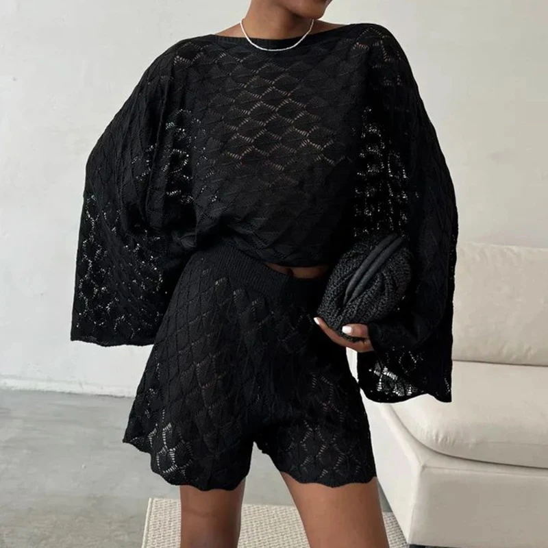 

Spring Summer New Flare Sleeve Loose Commute Sets Women High Waist Shorts Two Piece Sets Fashion O-neck Knitted Tops&Pants Sets